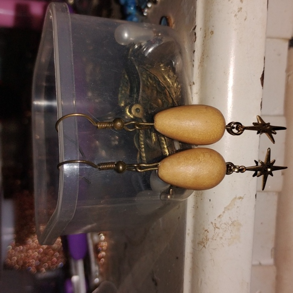 Wooden Teardrop Earrings with Star Charm
